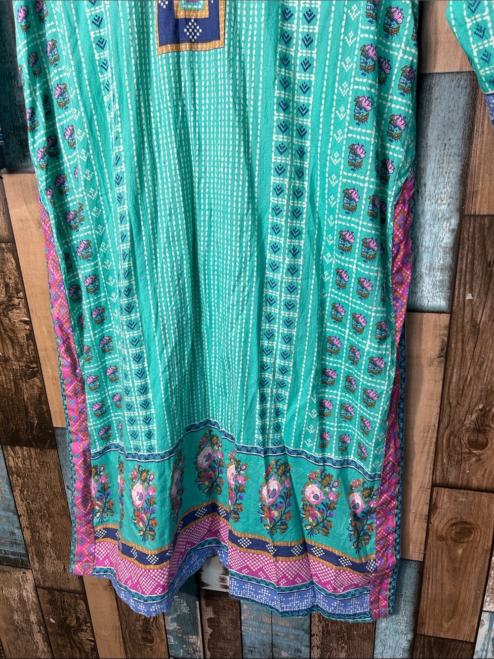 Turquoise Printed Long Sleeve Tunic Dress with Contrast Trim - Picture 3 of 16